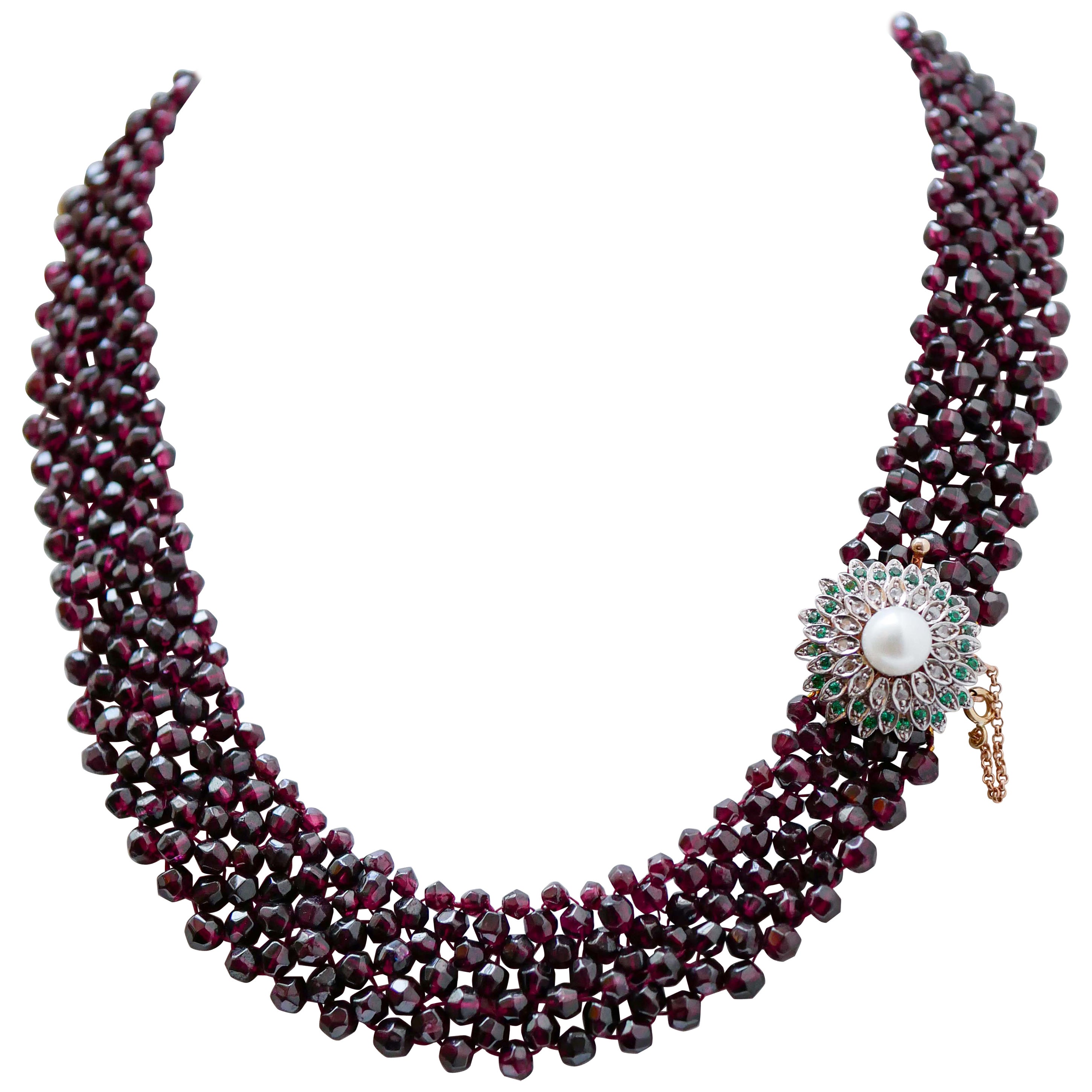 Garnets, Hydrothermal Spinel, Diamonds, Pearl, Rose Gold and Silver Necklace. For Sale