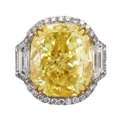 15 Ct Fancy Intense Yellow Cushion GIA Diamond Trinity Engagement Ring Scarselli