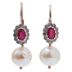 Pearls, Rubies, Diamonds, Rose Gold and Silver Earrings.