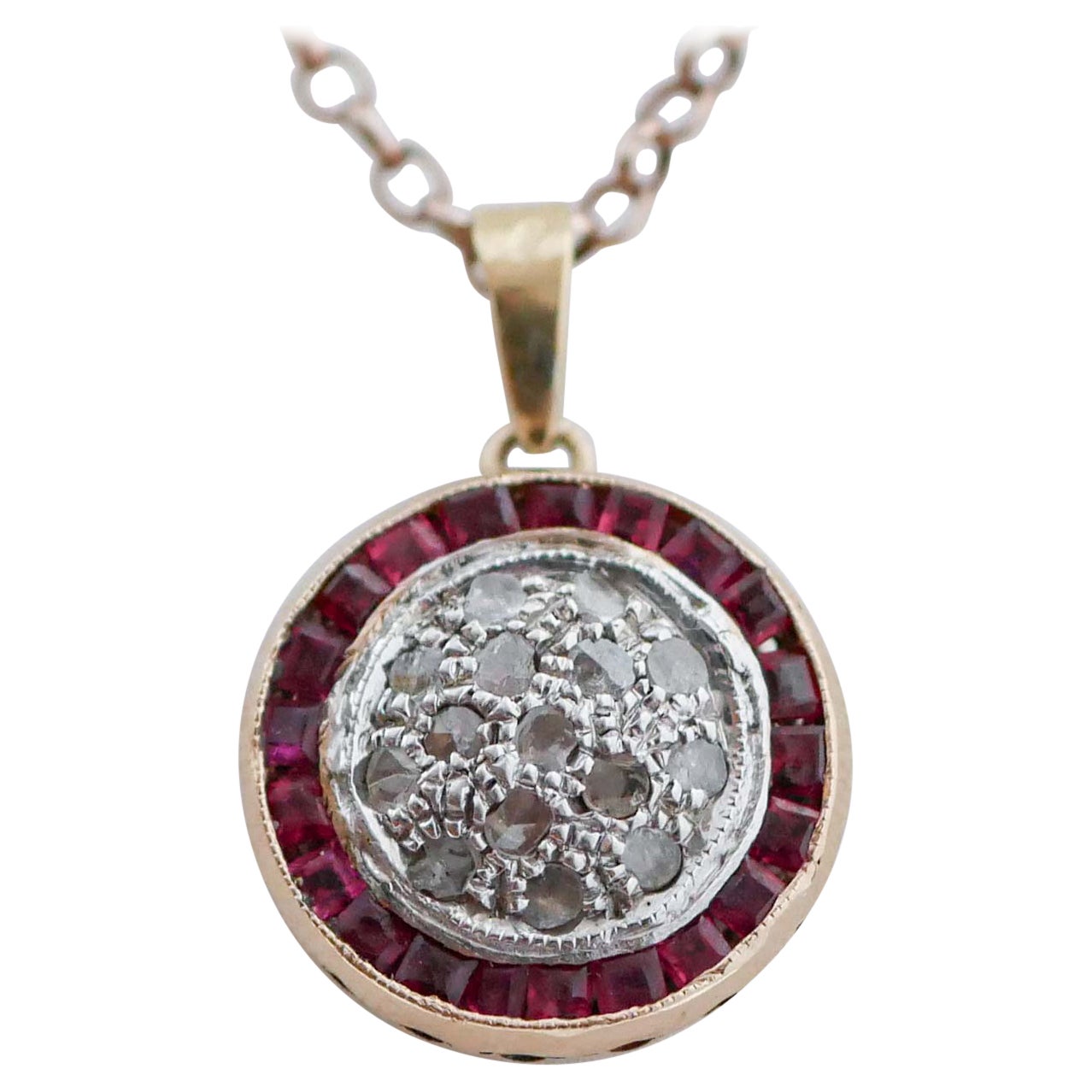 Rubies, Diamonds, Rose Gold and Silver Pendant Necklace.