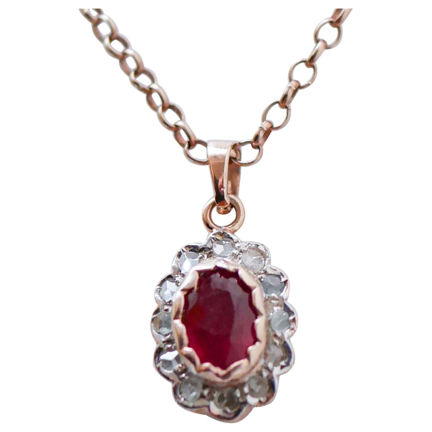 Ruby, Diamonds, Rose Gold and Silver Pendant Necklace.