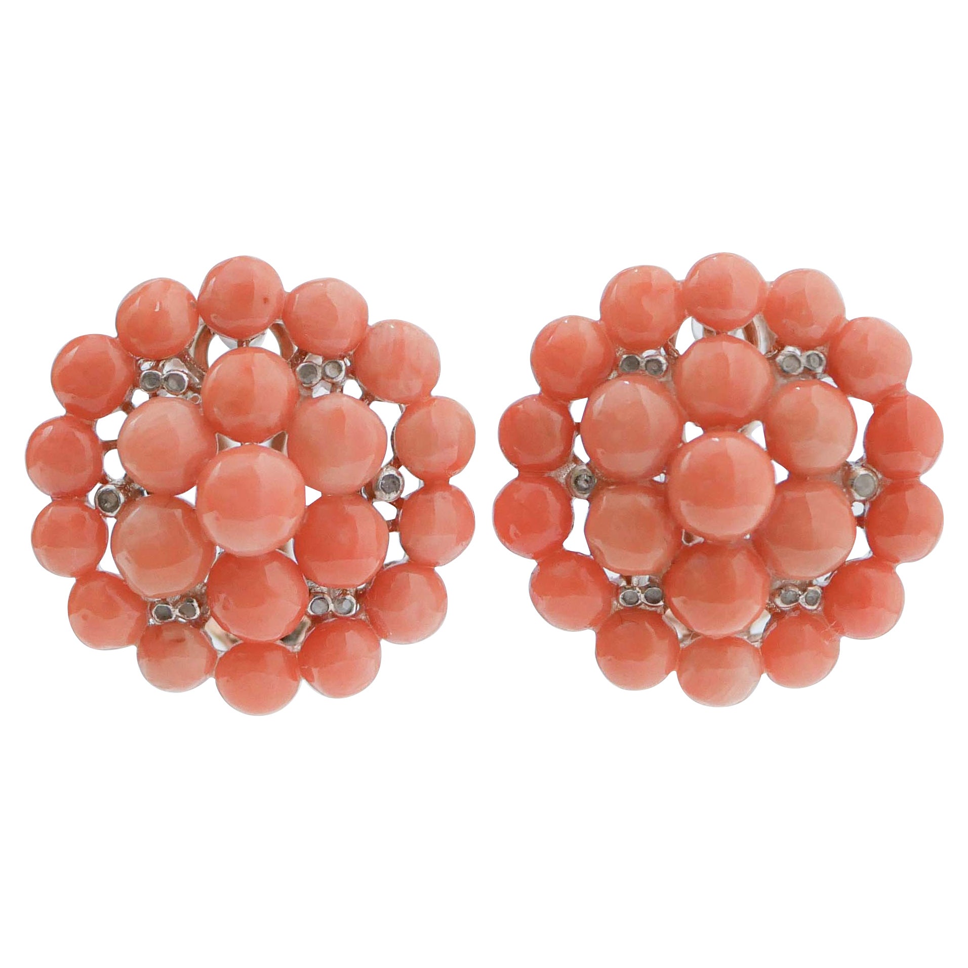 Coral, Diamonds, Rose Gold and Silver Earrings.