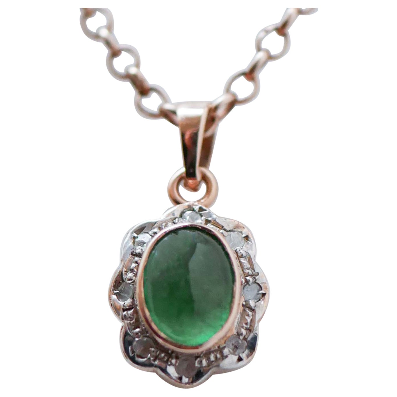 Emerald, Diamonds, Rose Gold and Silver Pendant Necklace.