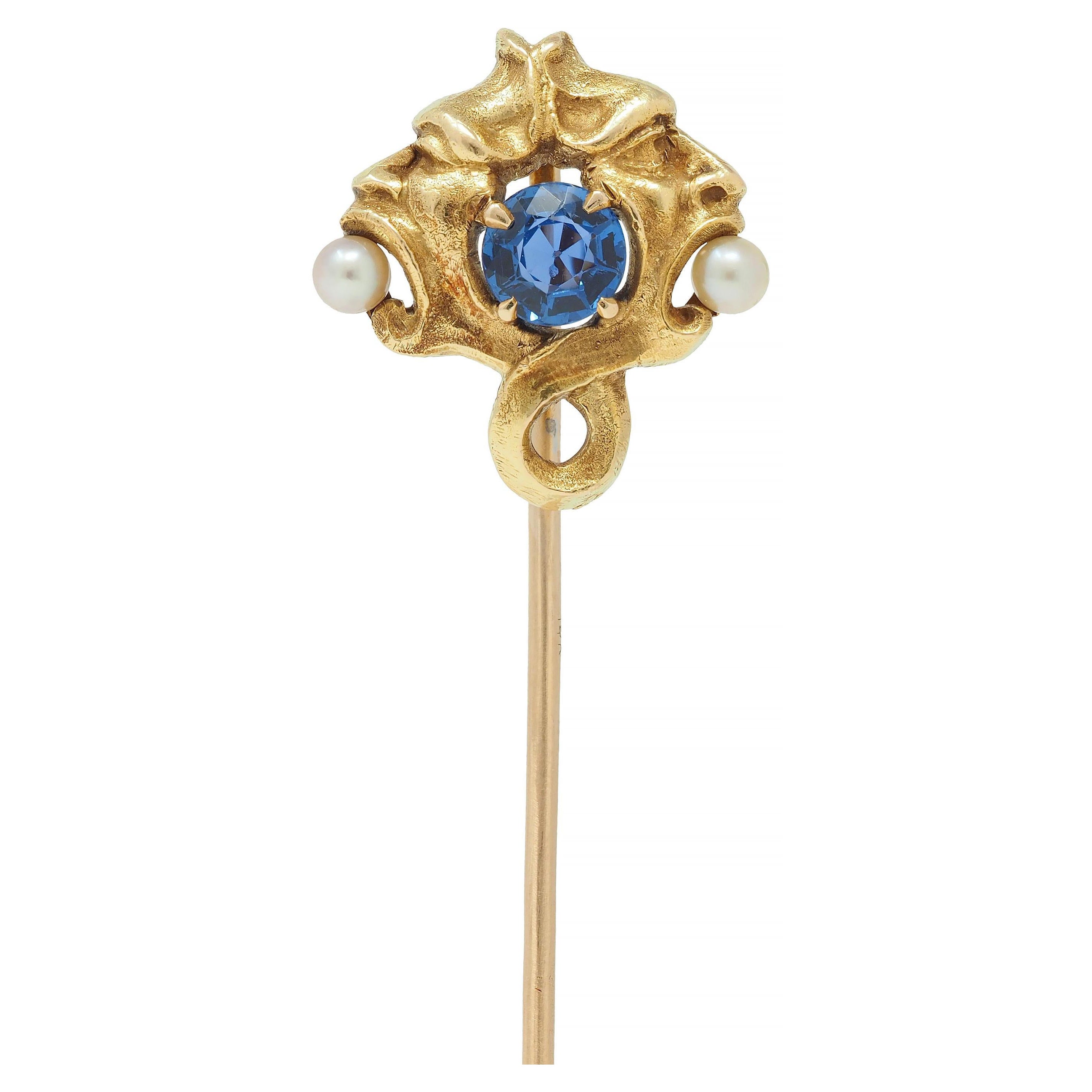 Art Nouveau Sapphire Pearl 14 Karat Yellow Gold Gargoyle Antique Stickpin For Sale