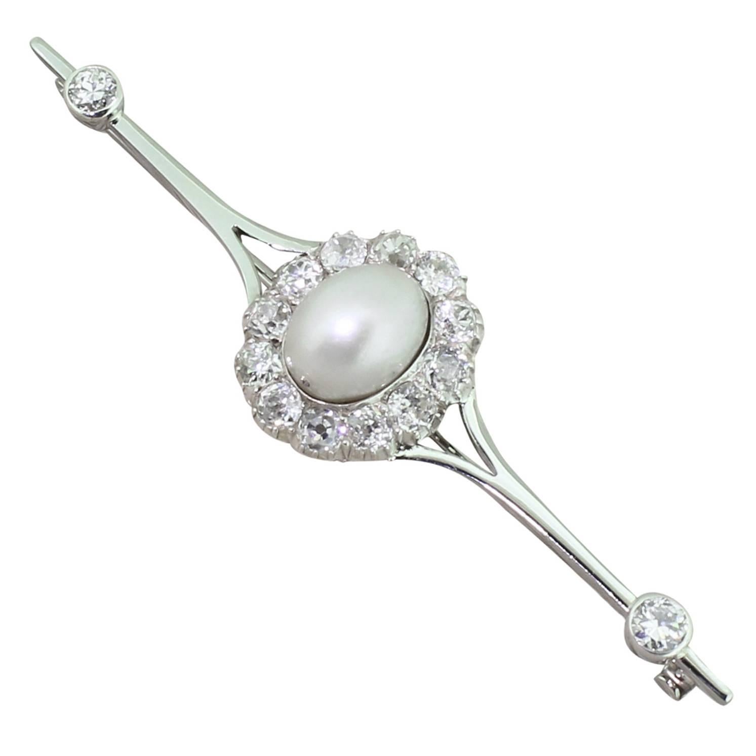Art Deco Natural Pearl & 3.60 Carat Old Cut Diamond Pin Brooch For Sale