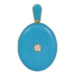 Antique Victorian Turquoise Blue Enamel, Gold, and Diamond Oval Locket Pendant