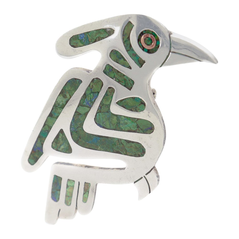 Mexikanische Vintage-Vogelbrosche aus Sterling und Kupfer, gemischten Metallen mit Azurit-Intarsien im Angebot