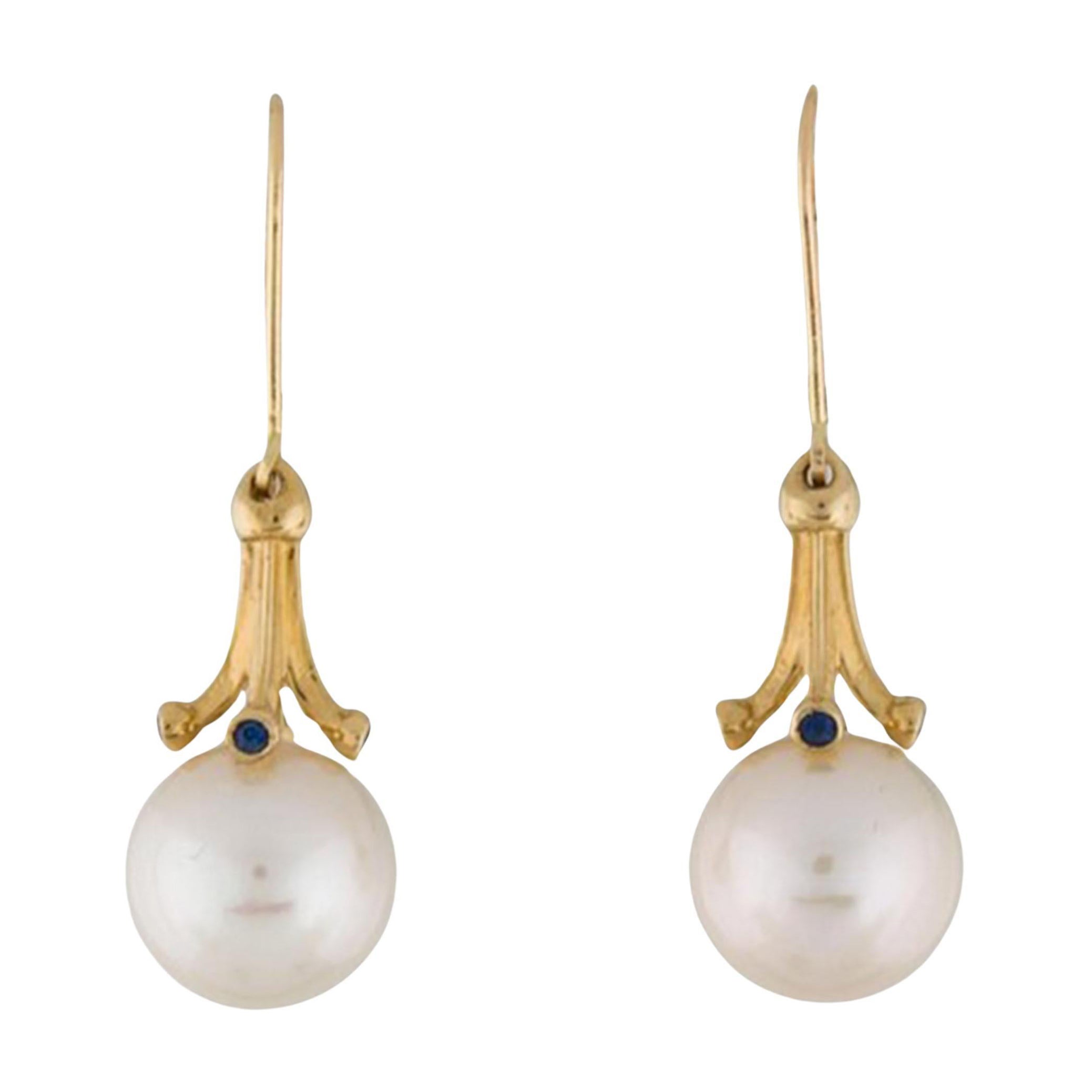 Akoya Pearl & Sapphire Earrings in 14K Yellow Gold with Lever back Gift 4 Women For Sale