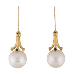 Akoya Pearl & Sapphire Earrings in 14K Yellow Gold with Lever back Gift 4 Women
