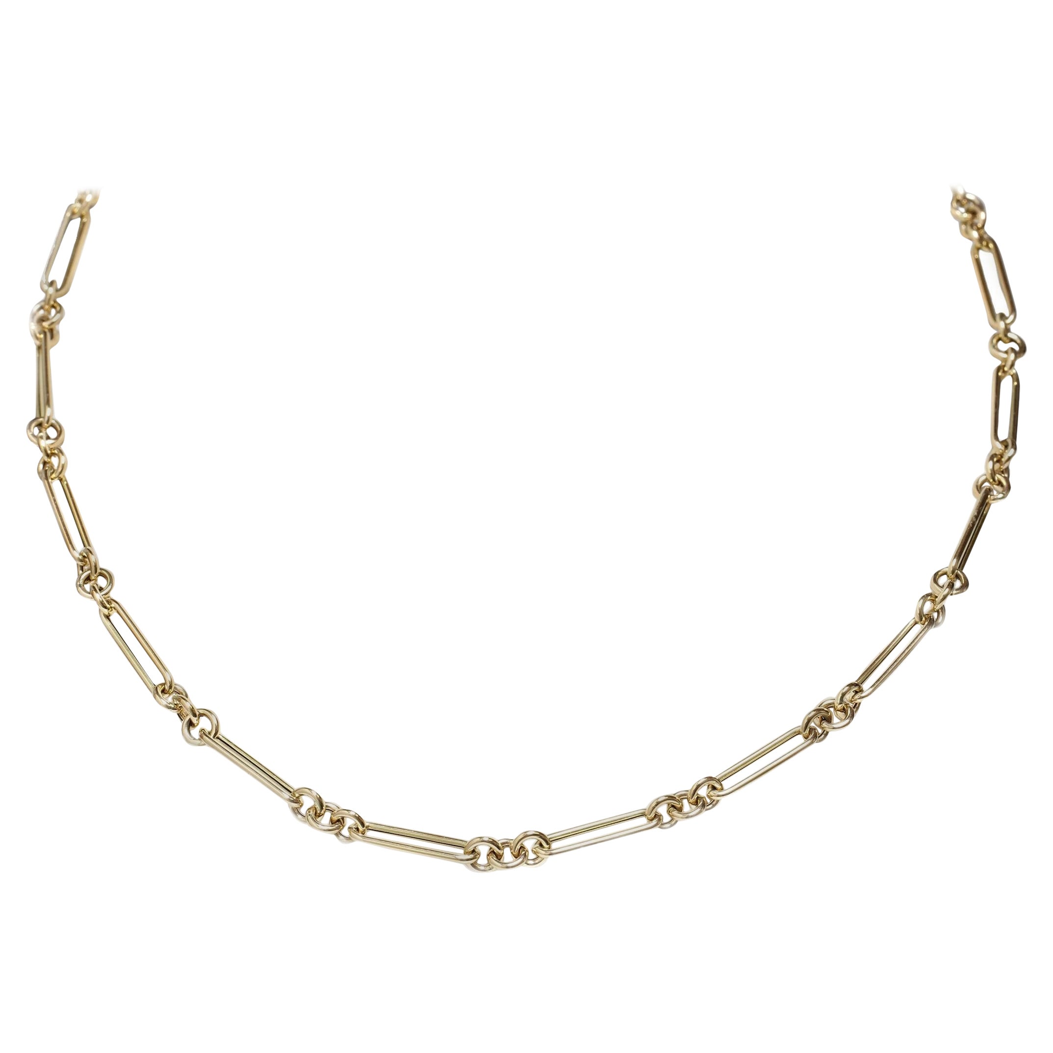 Paper Clip Link and Rolo Chain Necklace in 14K Yellow Gold - 24" For Sale
