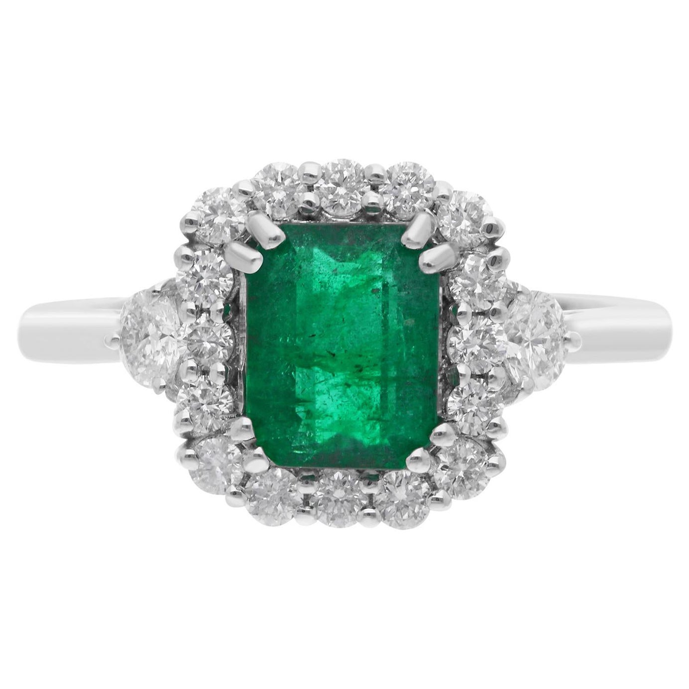 Zambian Emerald Gemstone Cocktail Ring Diamond 18 Karat White Gold Fine Jewelry For Sale