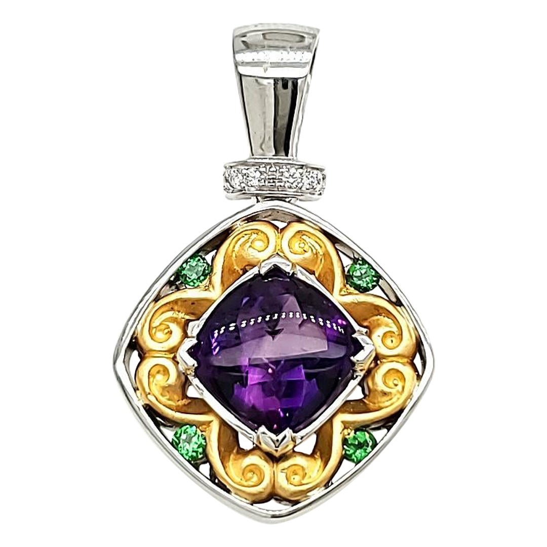Natural Cushion Cut Amethyst Cts 2.20 and Round Tsavorite Cts 0.22 Diamond Penda For Sale