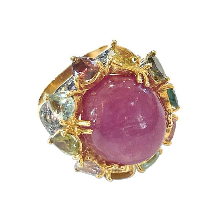 Bochic Orient Red Ruby & Multi Farbe Saphire Ring Set in 18K Gold & Silber 