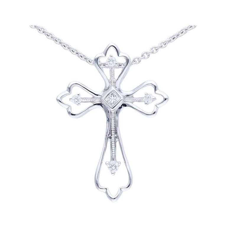 0.07 Carat Diamonds Cross Pendant in 18K White Gold For Sale