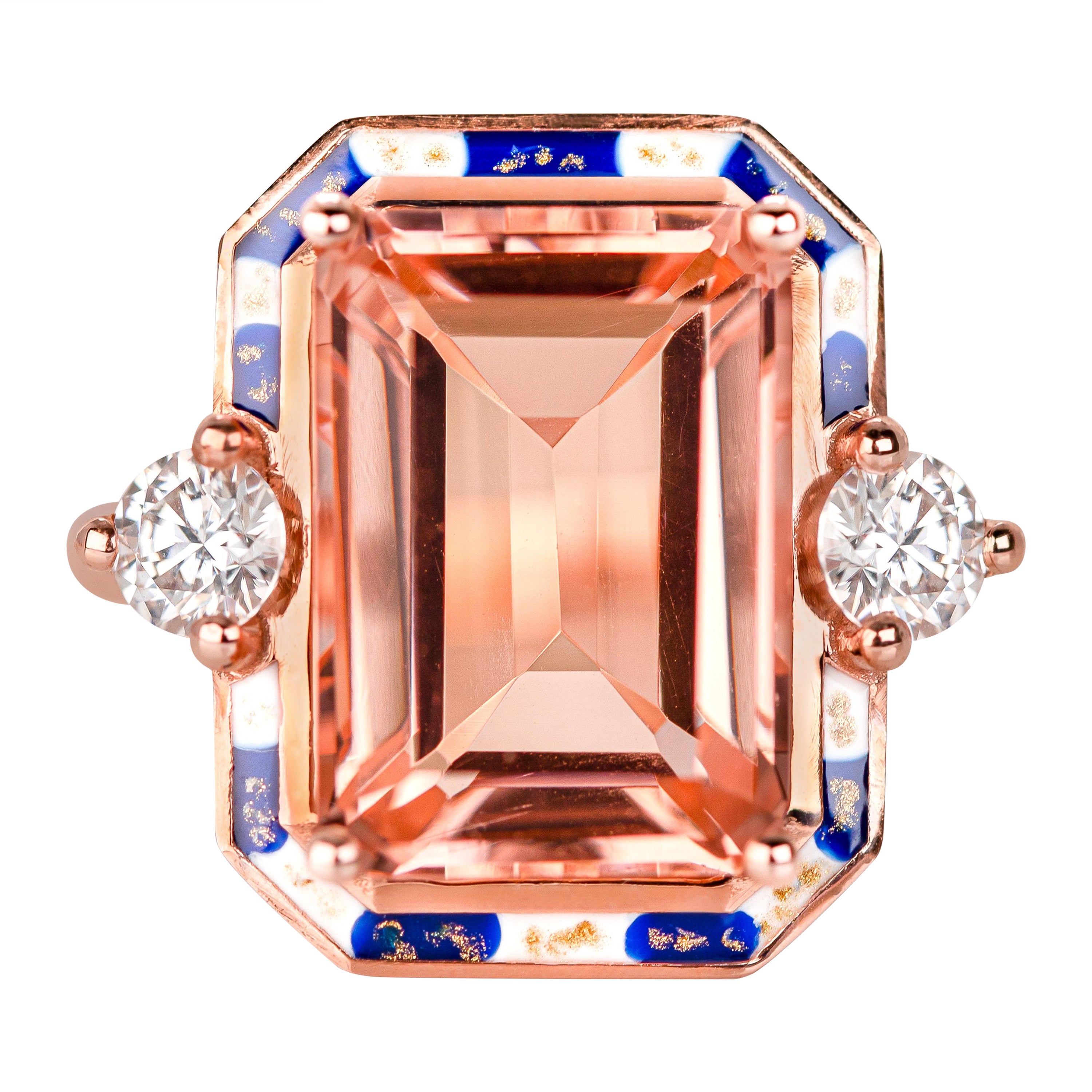 Art Deco Style, Pink Quartz and Moissanite Stone Ring, 14K Gold Ring