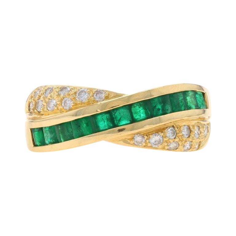 Yellow Gold Emerald & Diamond Crossover Band - 18k Square .91ctw Ring Sz 5 1/4 For Sale