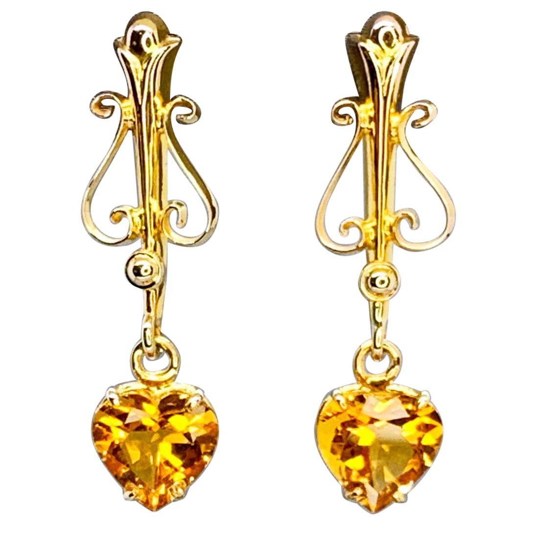 Upcycled gold and 4.27 carat citrine heart earrings in a Baroque style by G&GS For Sale