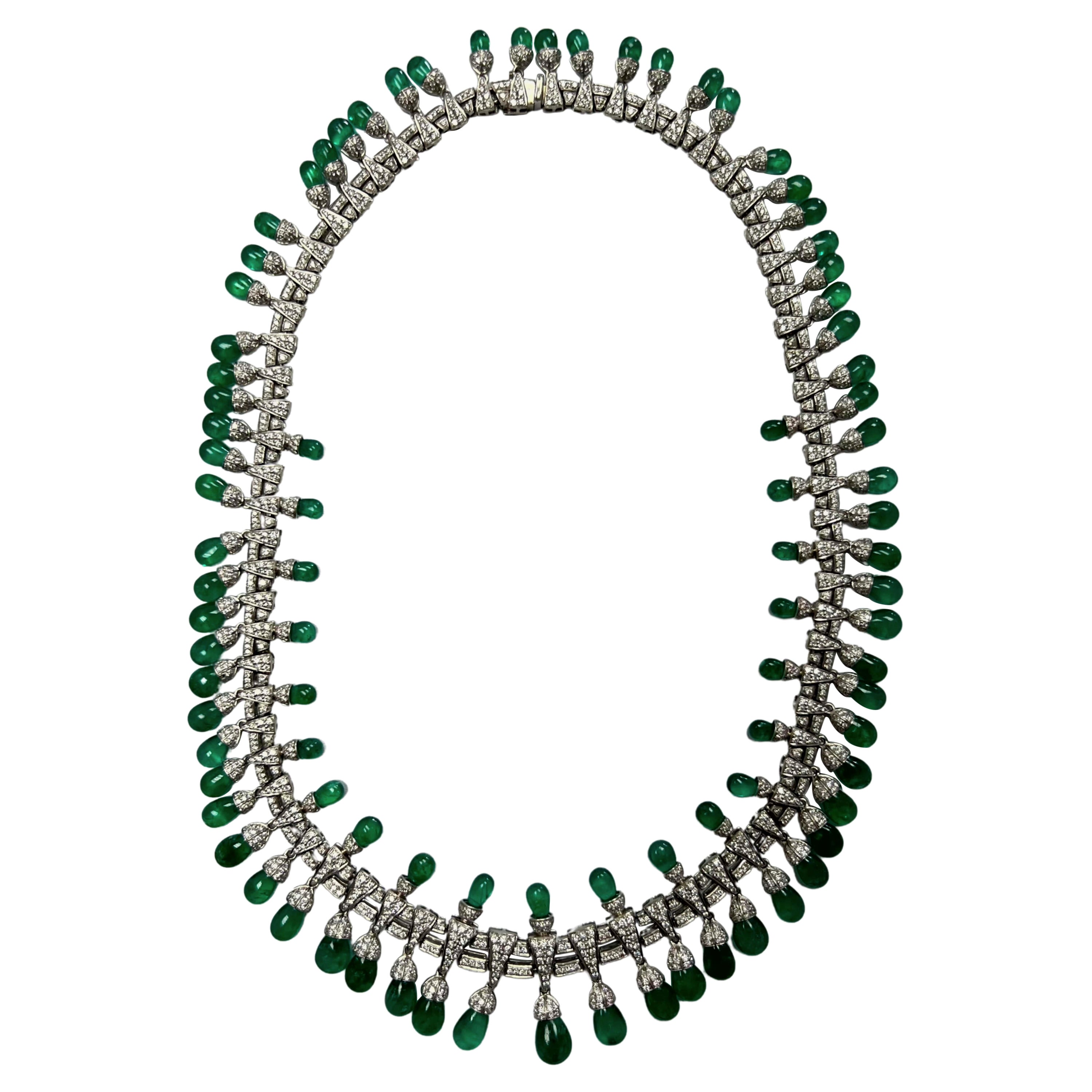 Colombian Emerald Briolette Drops Diamond Pave Princess Necklace For Sale