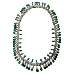 Vintage Colombian Emerald Briolette Drops Diamond Pave Princess Necklace