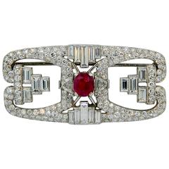 Art Deco Platinum Diamond and Unheated Burmese Ruby Brooch