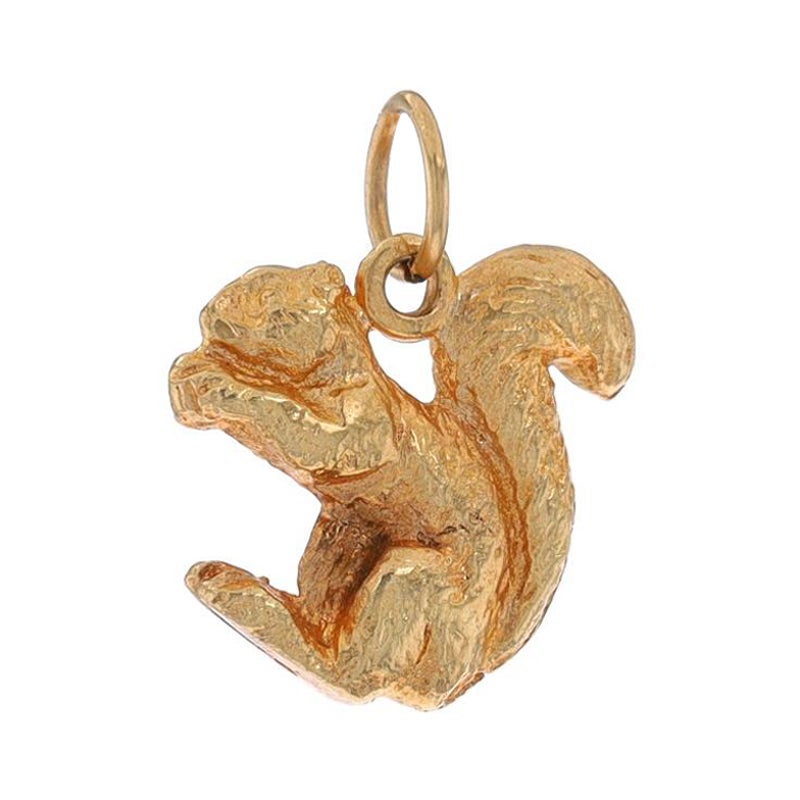 Yellow Gold Feasting Squirrel Charm - 14k Sitting Rodent Pendant For Sale
