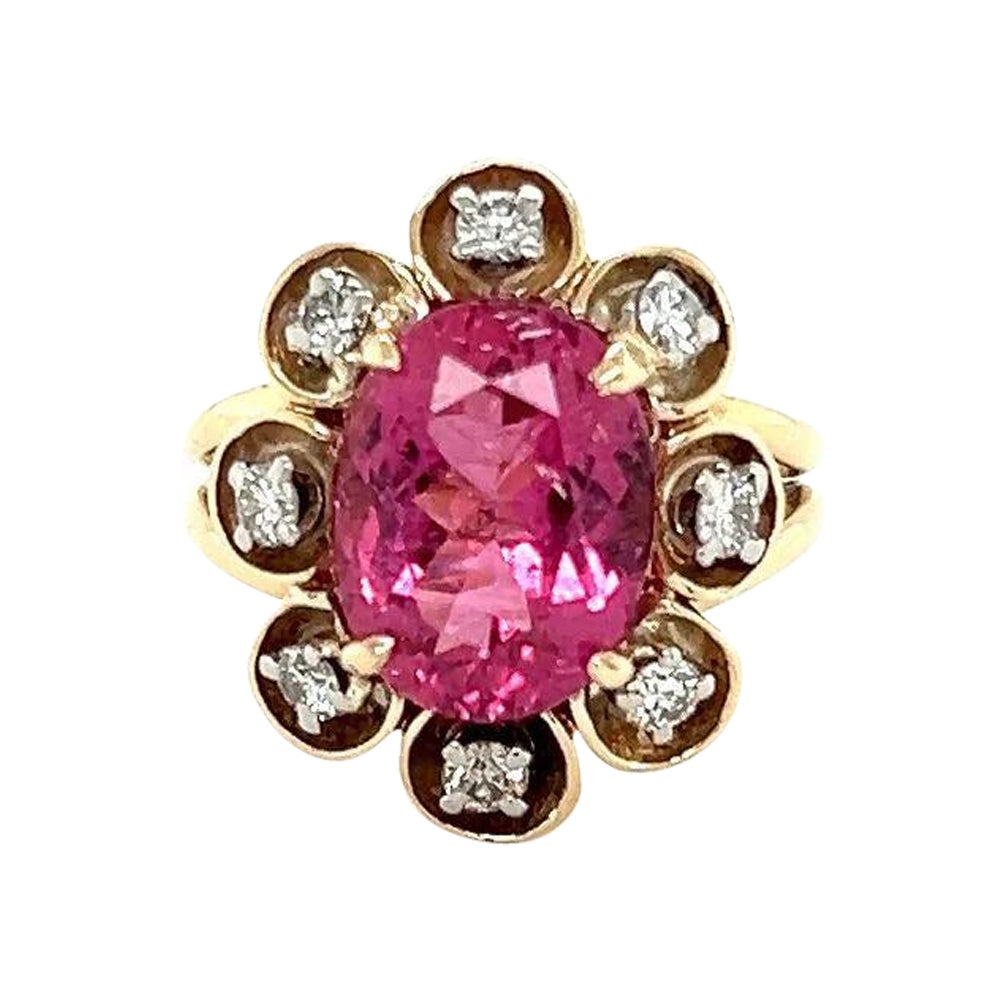 Vintage 4.75 Carat Oval Rubellite Tourmaline Diamond Gold Cocktail Ring For Sale