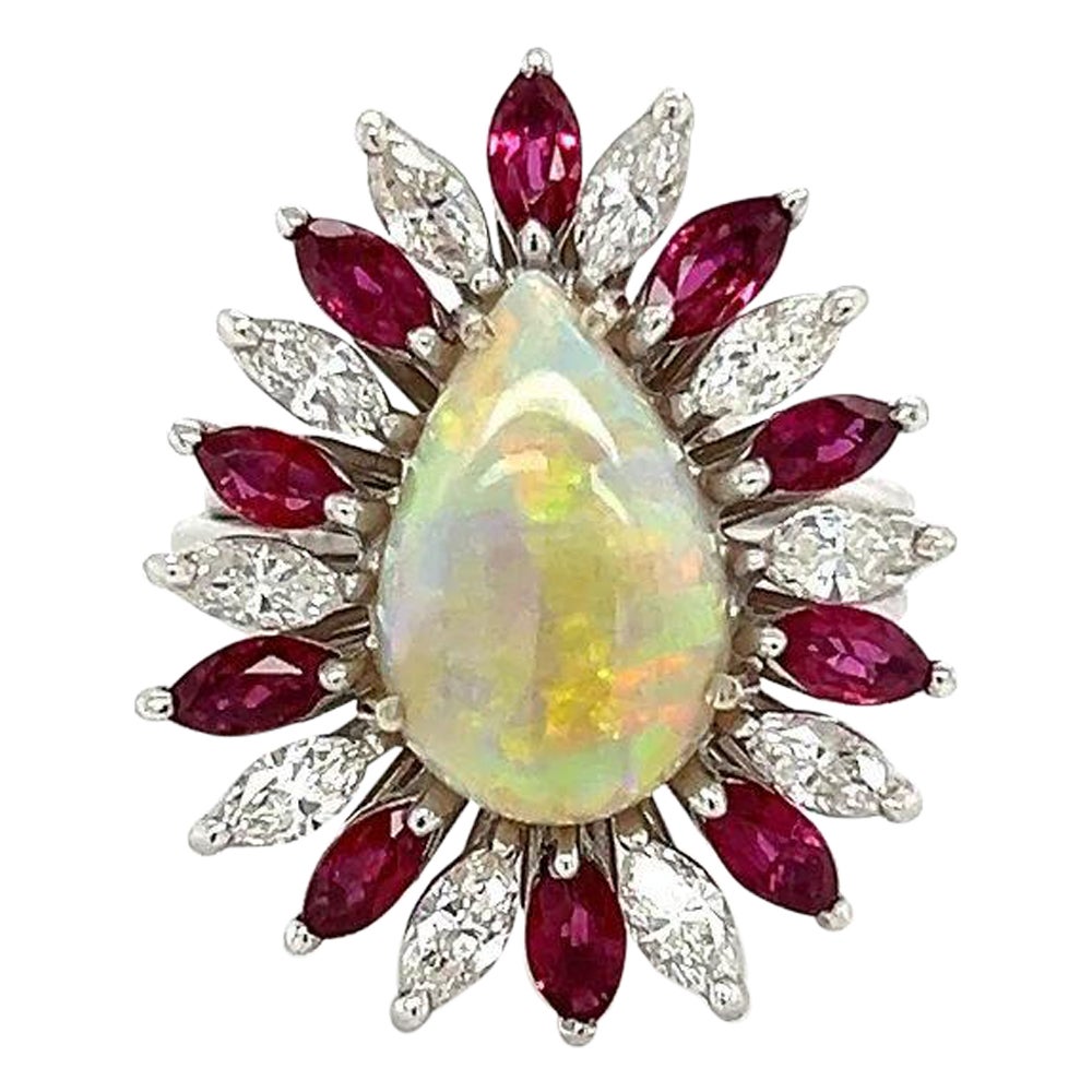 Vintage Statement 3.00 Carat Pear Opal Marquise Diamond and Ruby Platinum Ring For Sale