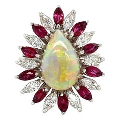 Platinring, Statement, Vintage, 3,00 Karat birnenförmiger Opal, Marquise-Diamant und Rubin