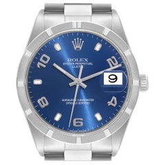 Rolex Date Blue Dial Engine Turned Bezel Steel Mens Watch 15210