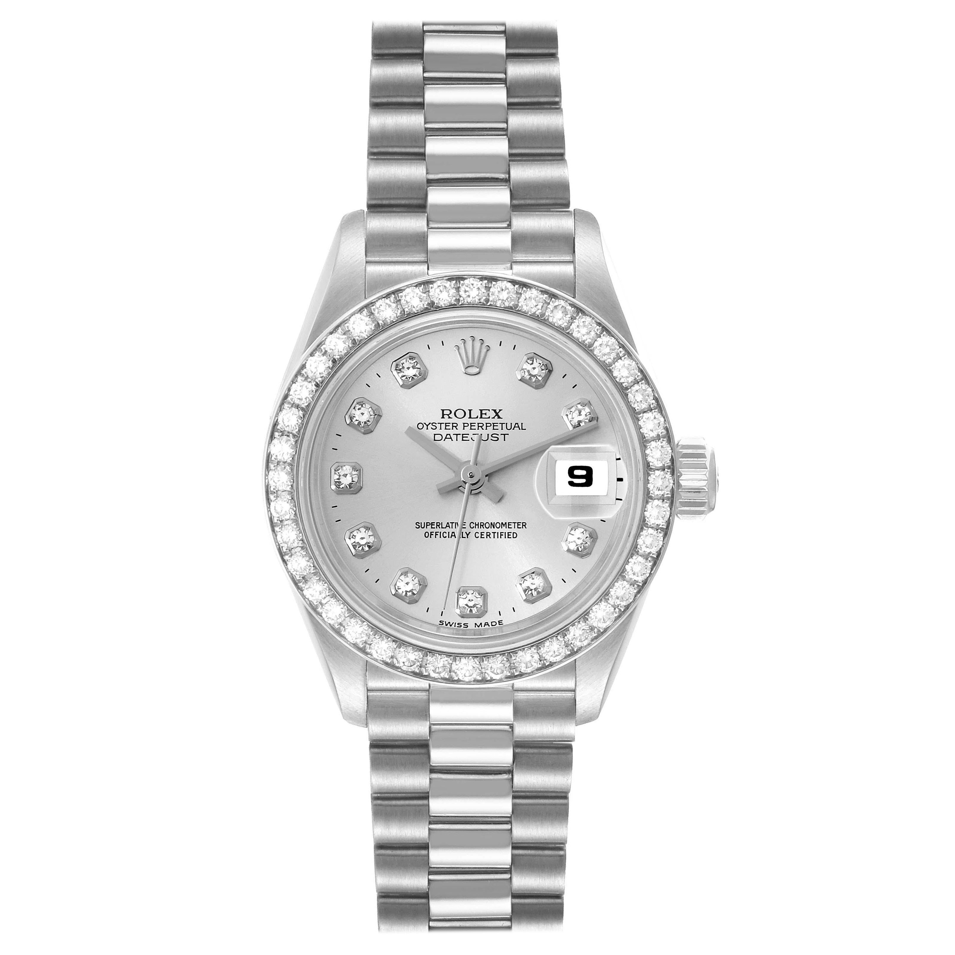 Rolex President Silver Dial Platinum Diamond Ladies Watch 69136 For Sale