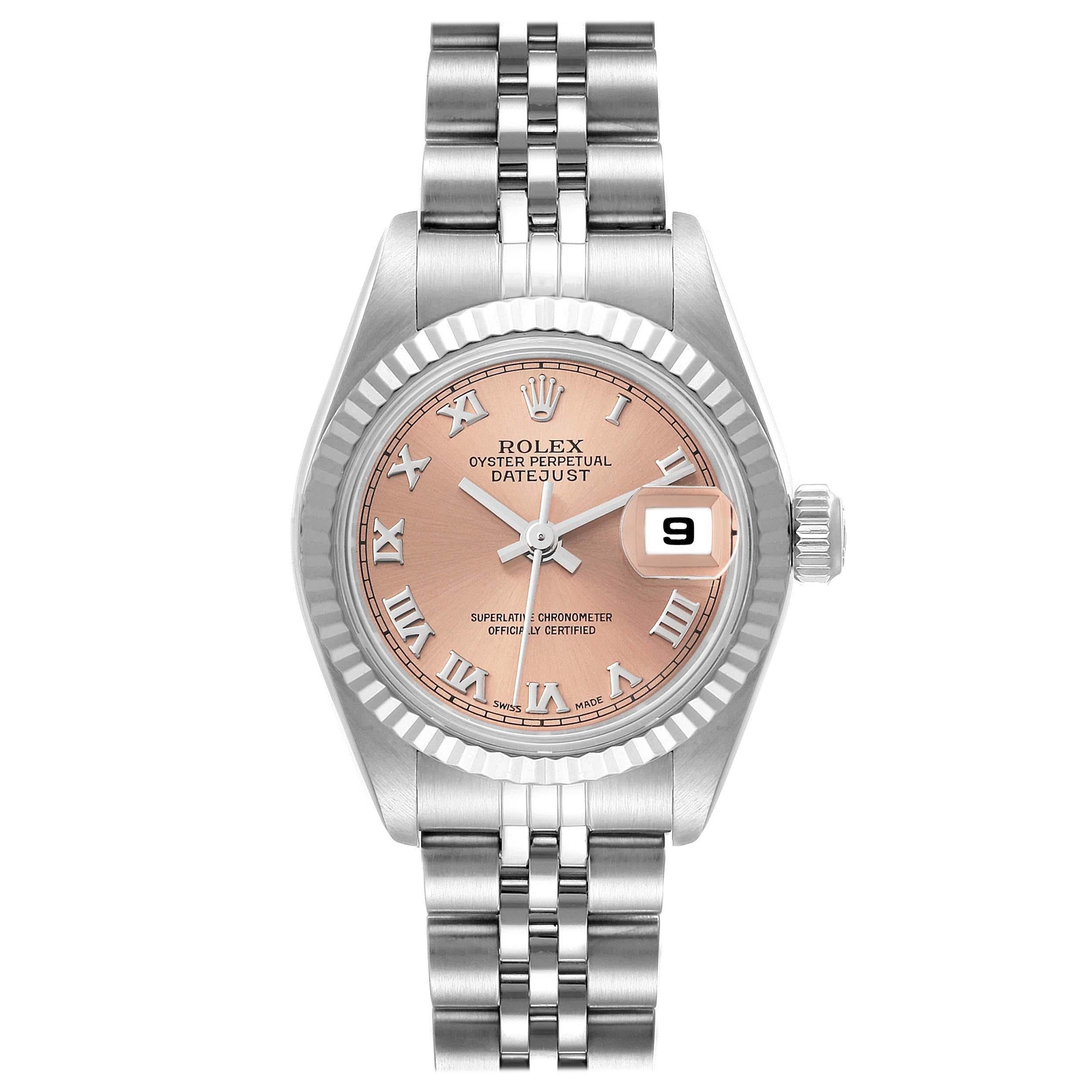 Rolex Datejust Salmon Dial White Gold Steel Ladies Watch 79174 Box Papers