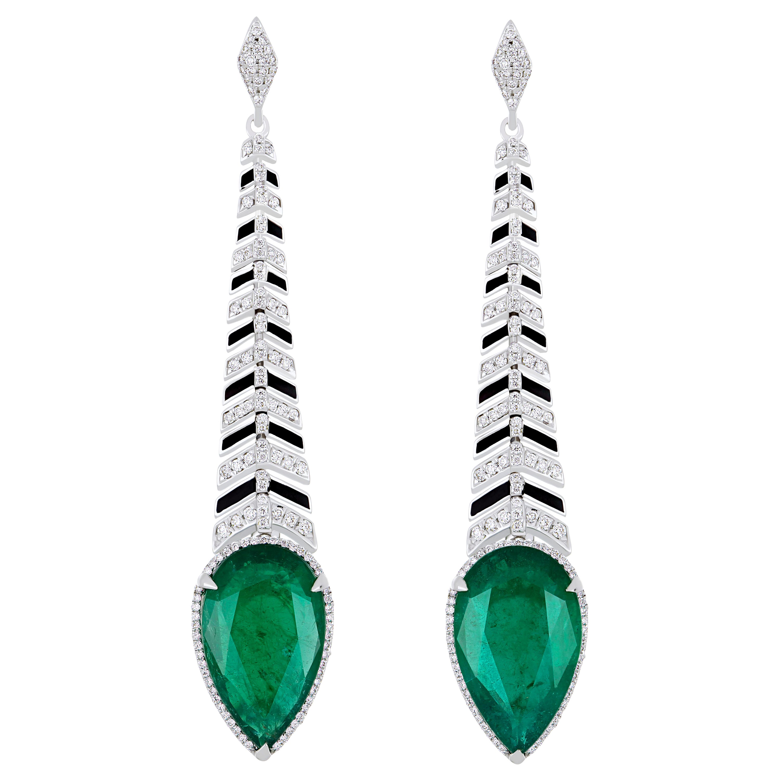 18K White Gold Emerald and Diamond Studded Earring with Enamel For Sale