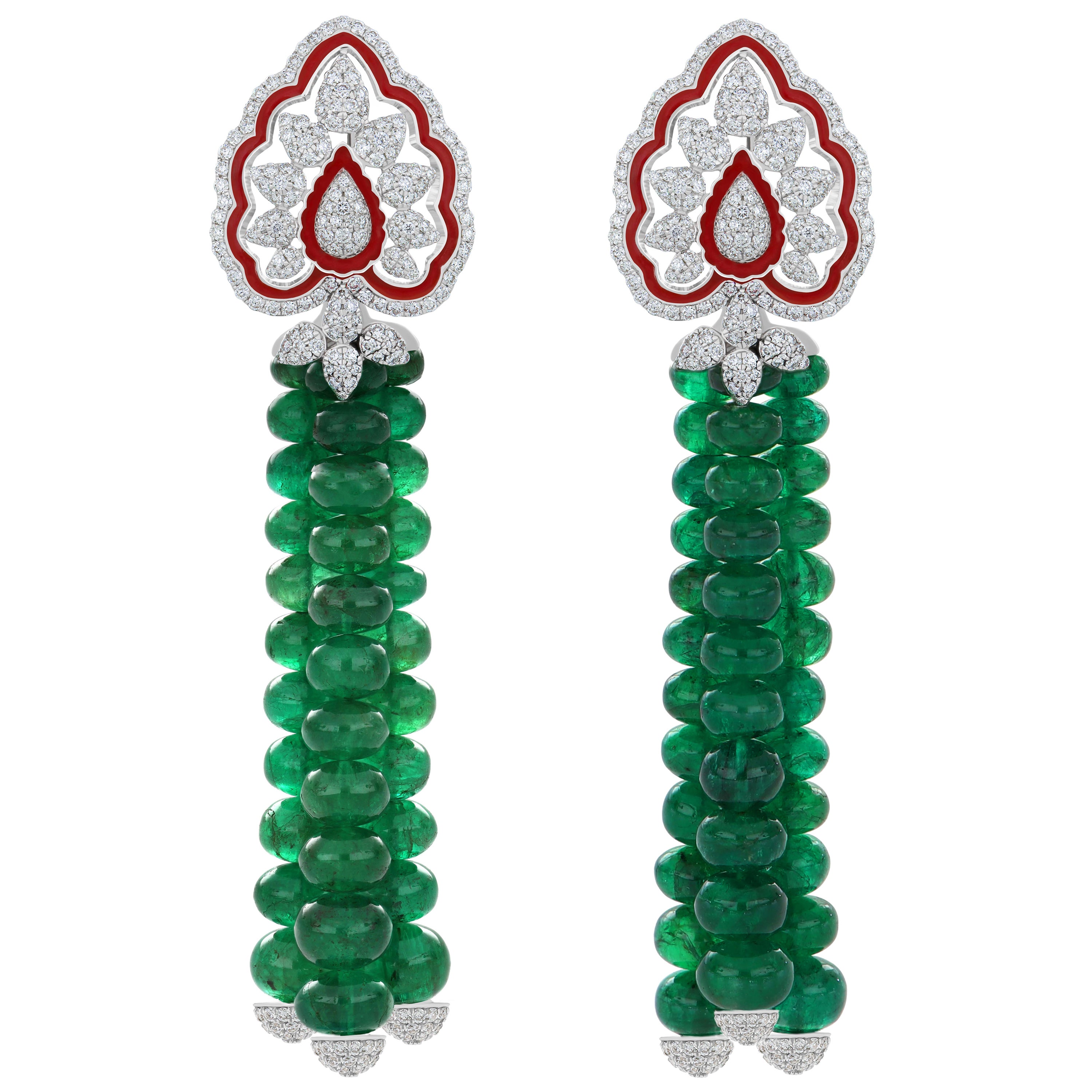 18K White Gold Emerald Beads and Diamond Studded Earrings with Enamel For Sale