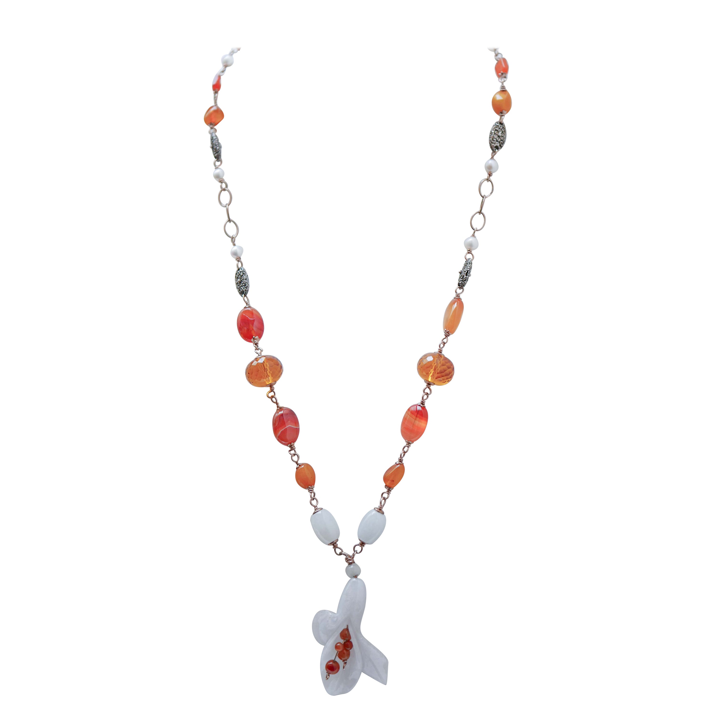 Agate, Carnelian, Hydrothermal Topazs, Amber, Pearls,  Gold and Silver Necklace. For Sale