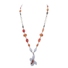 Retro Agate, Carnelian, Hydrothermal Topazs, Amber, Pearls,  Gold and Silver Necklace.