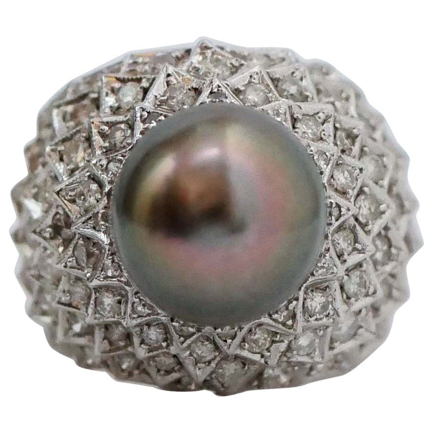 Grey Pearl, Diamonds, 14 Karat White Gold Ring. For Sale