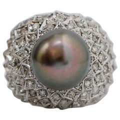 Vintage Grey Pearl, Diamonds, 14 Karat White Gold Ring.