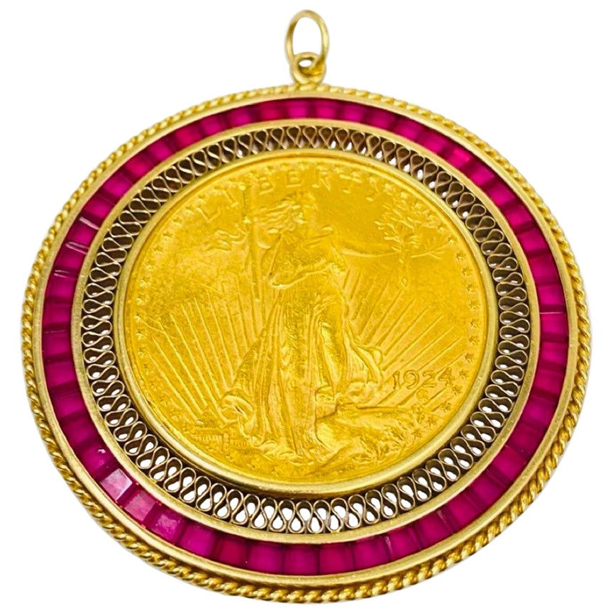 Vintage 7.20 Carat Ruby Gemstones Bezel Set 1924 Liberty $20 Gold Coin Pendant  For Sale