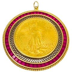 Vintage 7.20 Carat Ruby Gemstones Bezel Set 1924 Liberty $20 Gold Coin Pendant 