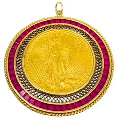 Vintage 7.20 Carat Ruby Gemstones Bezel Set 1924 Liberty $20 Gold Coin Pendant
