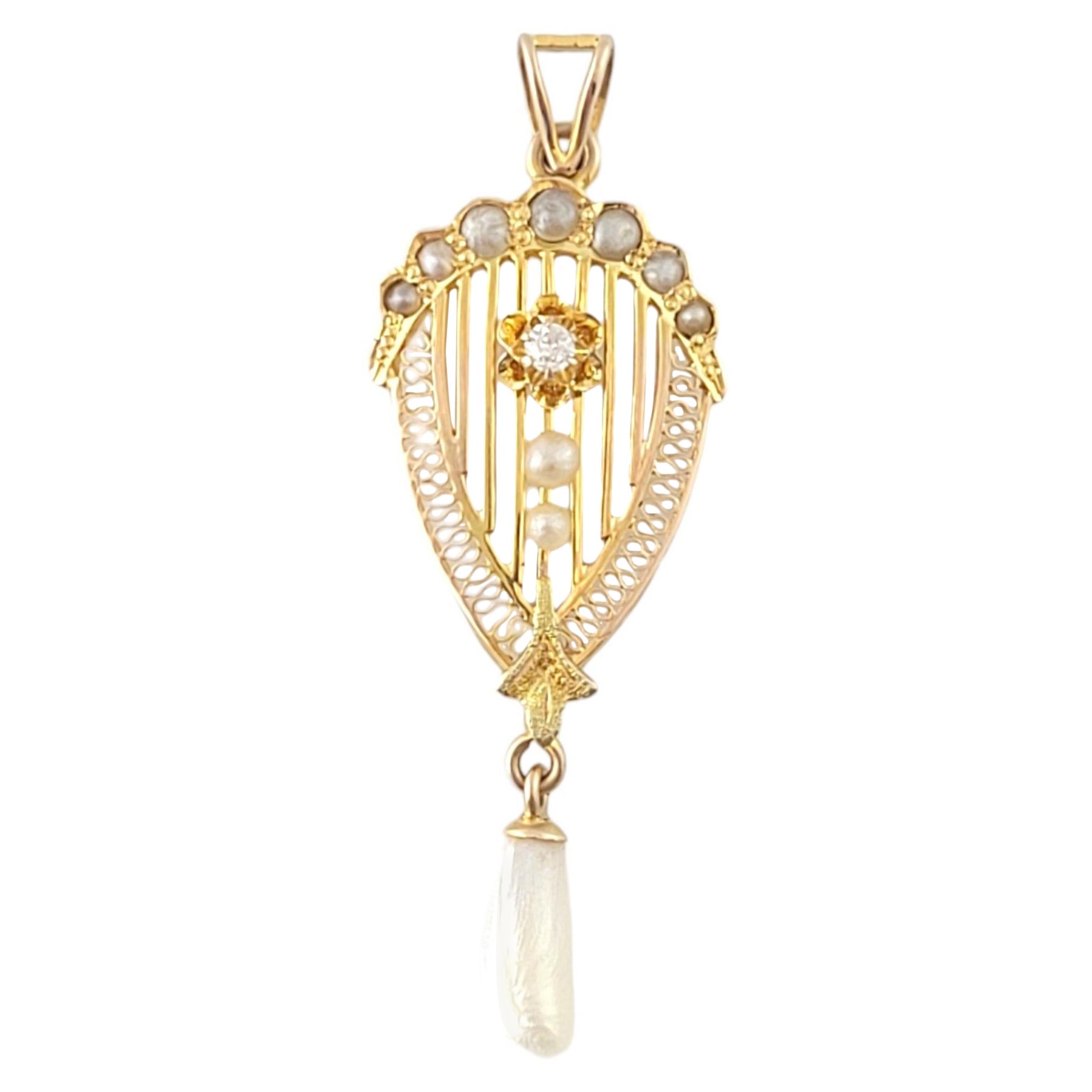10K Yellow Gold Pearl & Diamond Pendant #16322 For Sale