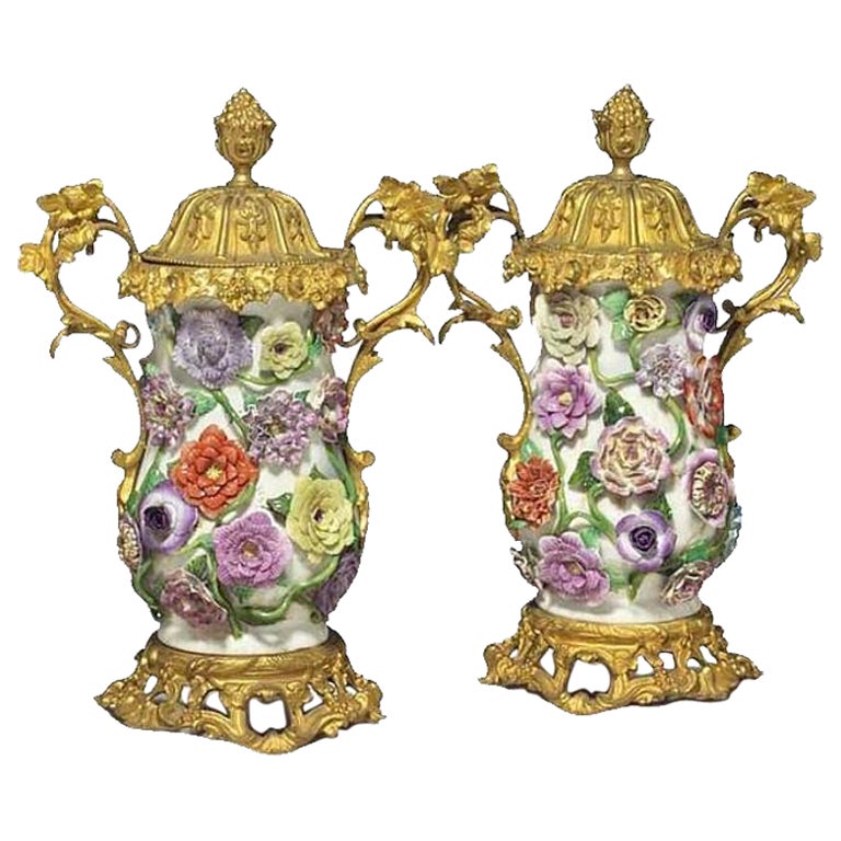 Pair of 19th Century Bronze Ormolu Signed German Porcelain Flower Encrust Vases For Sale
