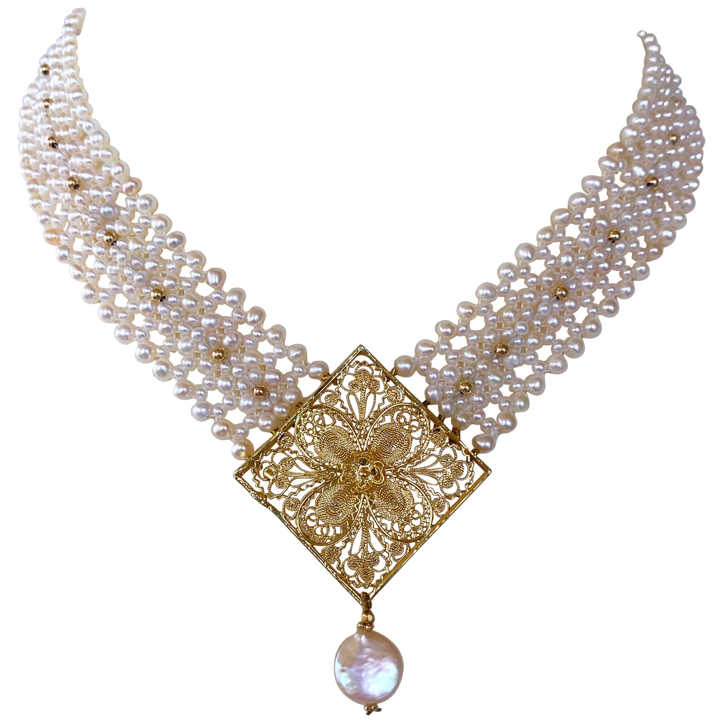 Marina J. Pearl Woven Necklace with Gold Plated Centerpiece & Gold Findings