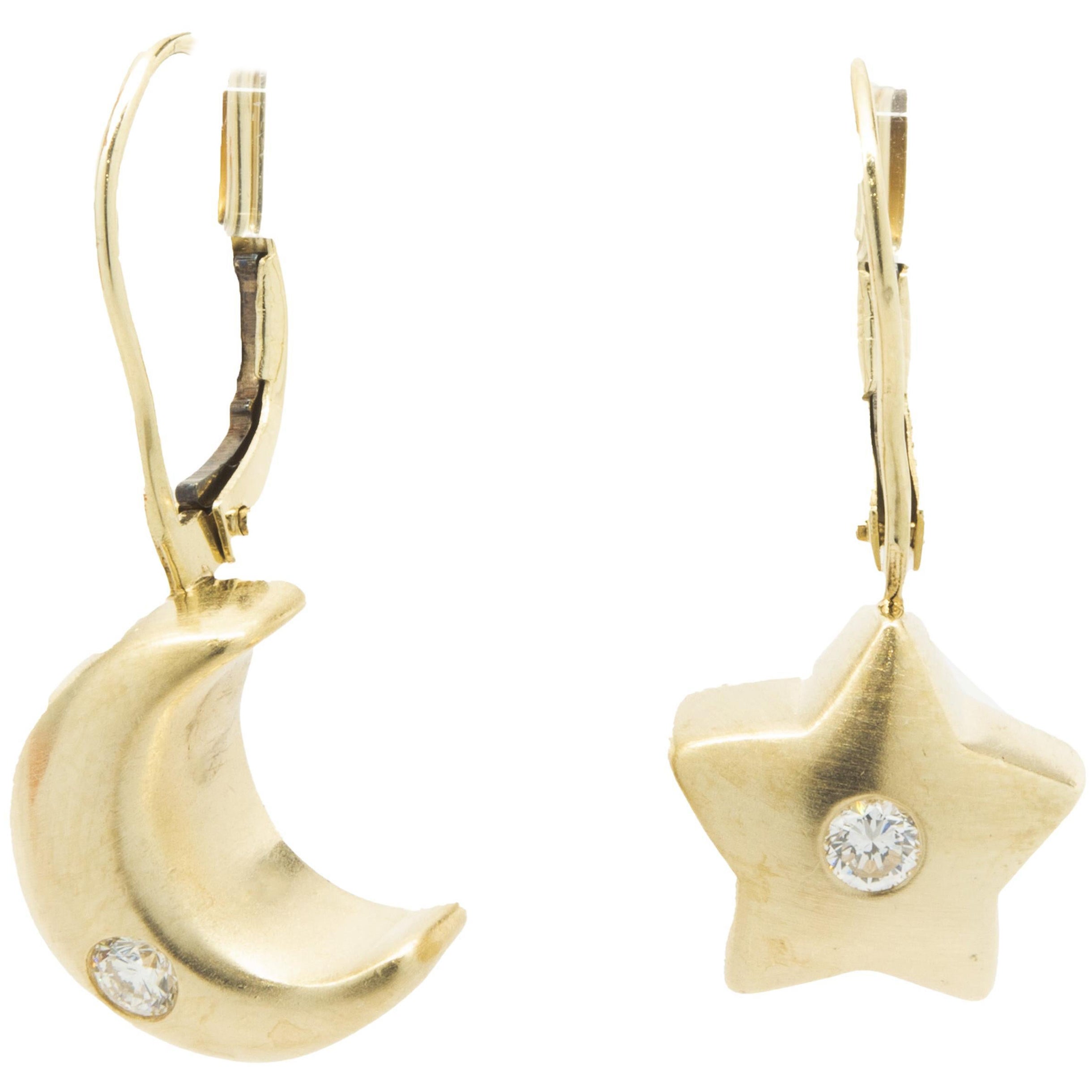 14 Karat Yellow Gold Diamond Star and Moon Puff Drop Earrings For Sale