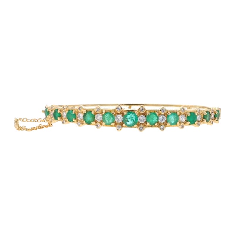 Yellow Gold Emerald & Diamond Bangle Bracelet 6 1/2" - 14k Round 4.02ctw For Sale