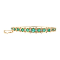 Yellow Gold Emerald & Diamond Bangle Bracelet 6 1/2" - 14k Round 4.02ctw