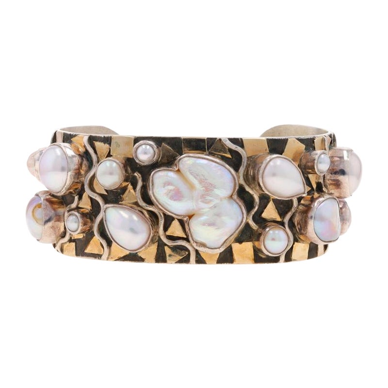 Dian Malouf Cultured Pearl Cuff Bracelet 6 1/2" - Sterling 925 & 14k Yellow Gold