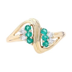 Yellow Gold Synthetic Emerald & Diamond Cluster Bypass Ring - 14k Round .42ctw