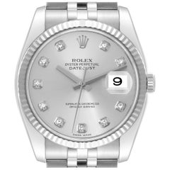 Rolex Datejust Steel White Gold Silver Diamond Dial Mens Watch 116234