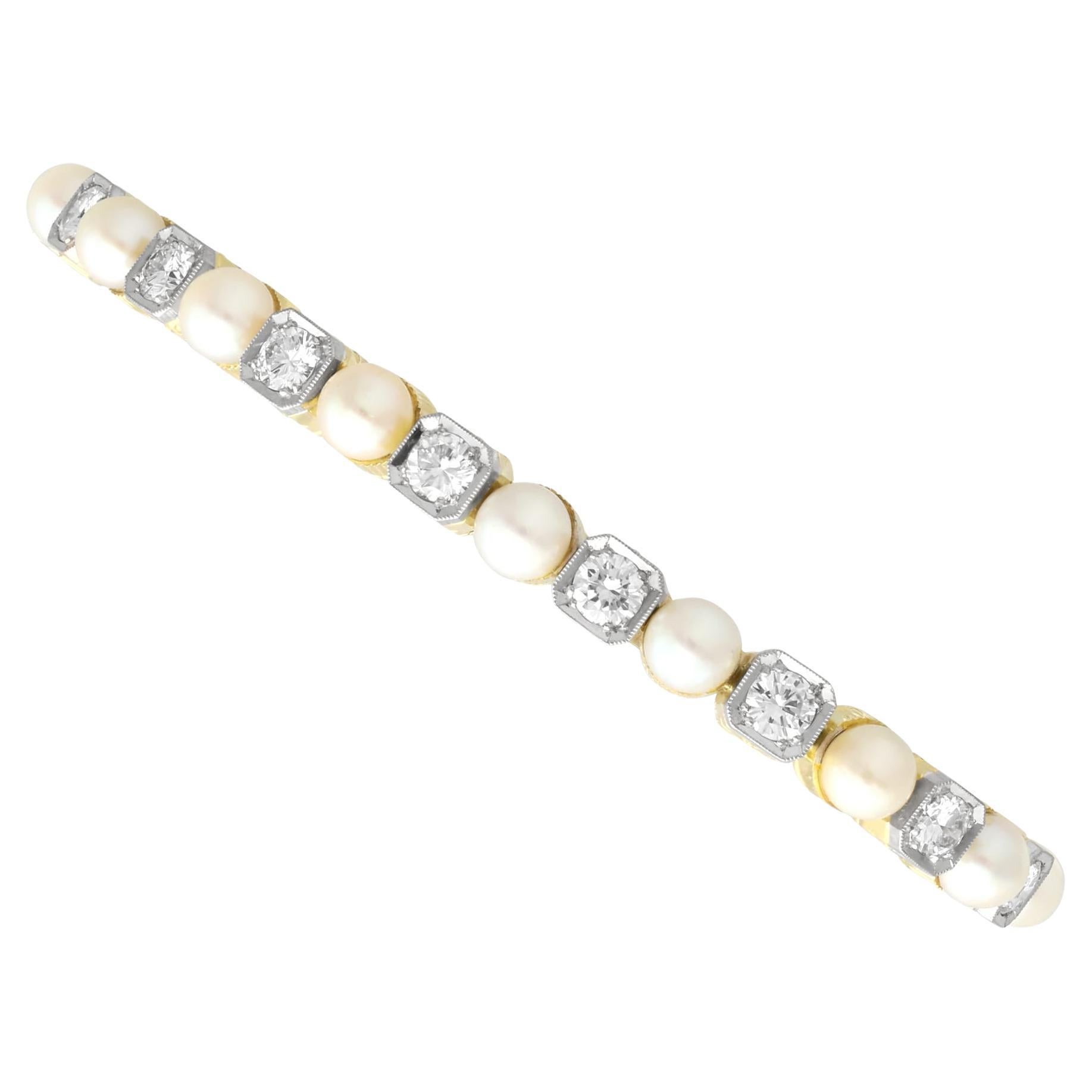 1930s Pearl and 3.30 Carat Diamond 14k Yellow Gold Line Bracelet For Sale